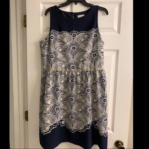 LOFT Navy and Tan Paisley Print Dress